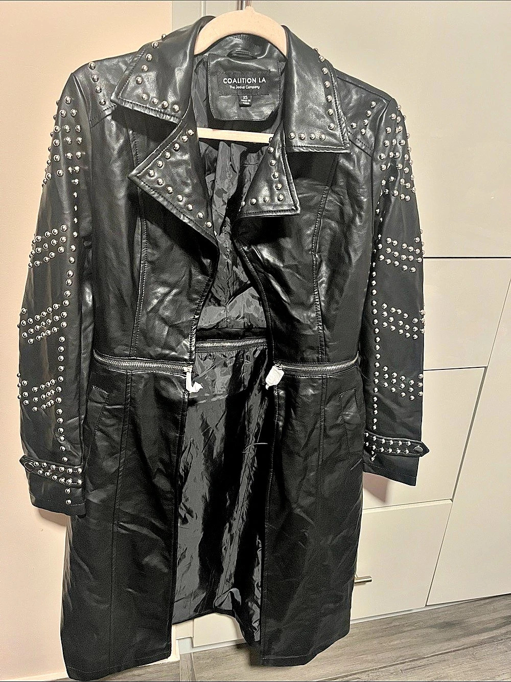 Coalition LA Studded Faux Leather Duster Coat Studded Black Faux Leather Coat